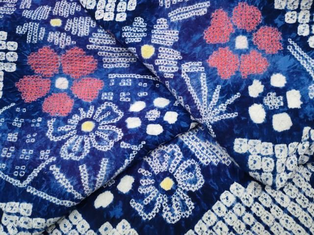 平和屋着物∴夏物 浴衣 有松鳴海絞り エ霞扇面花文 綿 ng