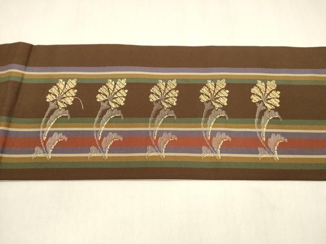 平和屋着物○九寸名古屋帯 格子草花文 金銀糸 正絹 逸品 DABA0202cm