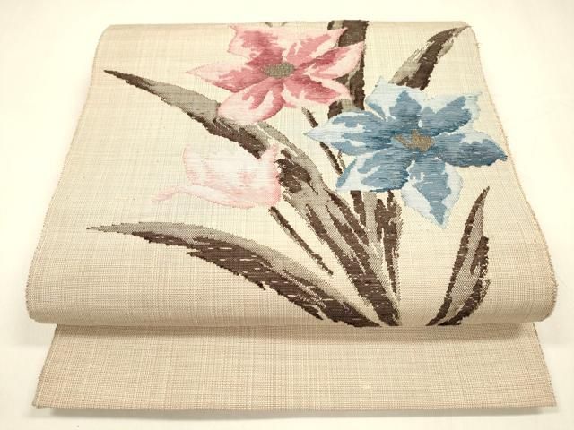 平和屋着物●八寸名古屋帯 すくい織 紬地 草花文 金銀糸 正絹 逸品 DABA0223cm