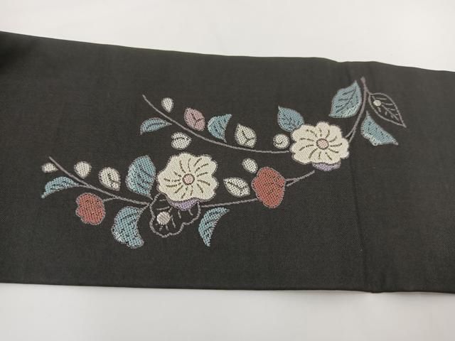 平和屋着物○九寸名古屋帯 唐織 辻が花 黒地 銀糸 正絹 逸品