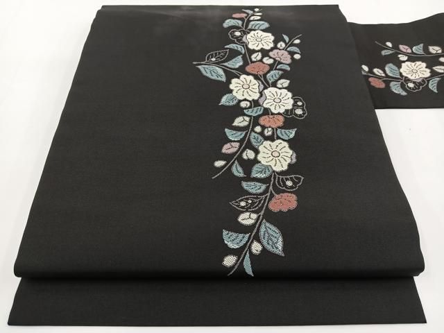 平和屋着物●九寸名古屋帯　唐織　辻が花　黒地　銀糸　正絹　逸品　BAAV7230yc 平和屋着物○九寸名古屋帯 唐織 辻が花 黒地 銀糸 正絹 逸品