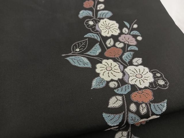 平和屋着物○九寸名古屋帯 唐織 辻が花 黒地 銀糸 正絹 逸品