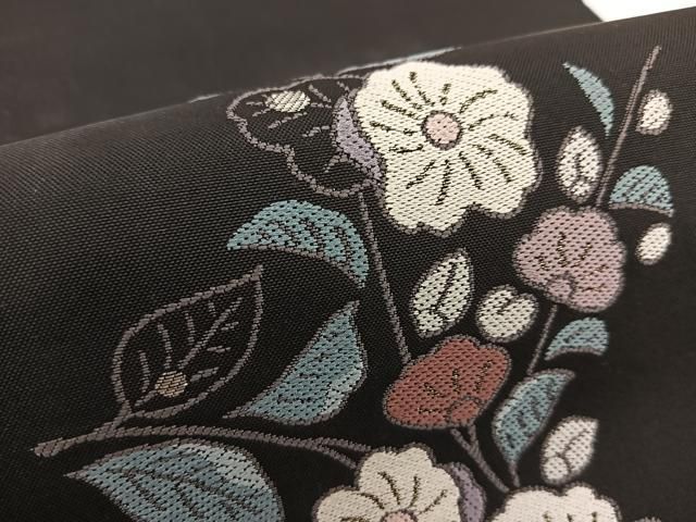 平和屋着物○九寸名古屋帯 唐織 辻が花 黒地 銀糸 正絹 逸品