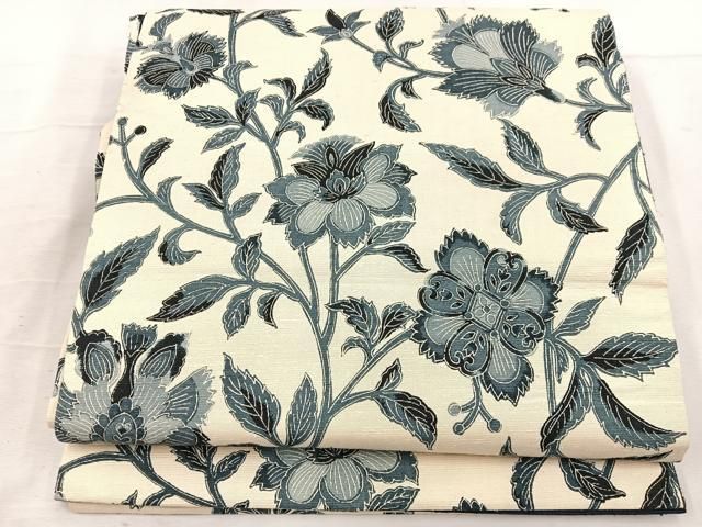 平和屋着物●全通柄 京袋帯 紬地 藍 型染め 更紗花文 正絹 逸品 BAAV9267mz