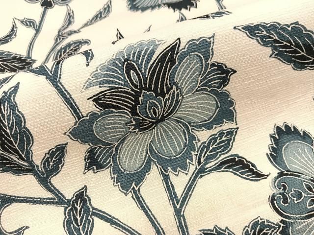 平和屋着物○全通柄 京袋帯 紬地 藍 型染め 更紗花