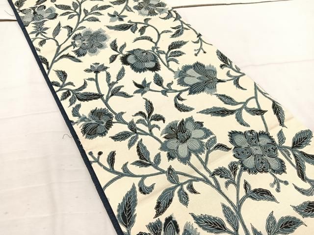 平和屋着物 全通柄 京袋帯 紬地 藍 型染め 更紗花文 正絹 mz