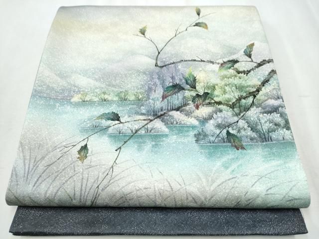 平和屋着物 染織界の匠 村松祥三 太鼓柄袋帯 手描き 風景枝花文 銀通し地 正絹 hy