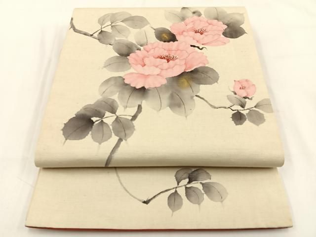 平和屋着物 六通柄 京袋帯 手描き 紬地 枝牡丹 金彩 正絹 hj