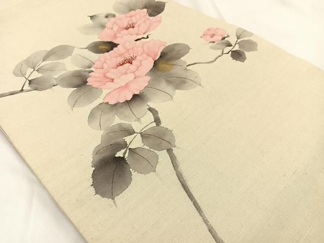 平和屋着物 六通柄 京袋帯 手描き 紬地 枝牡丹 金彩 正絹 hj