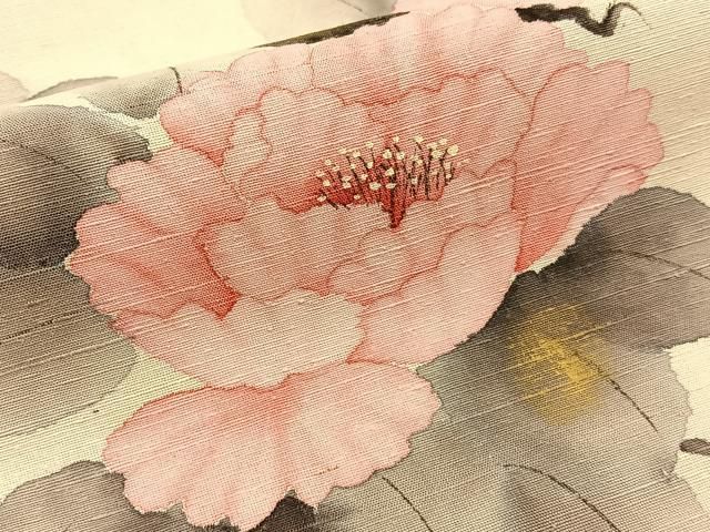  平和屋着物 六通柄 京袋帯 手描き 紬地 枝牡丹 金彩 正絹 hj 袋帯 帯