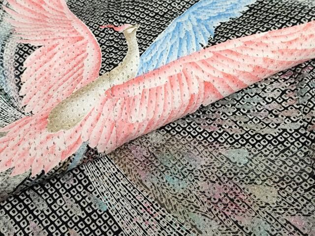 平和屋着物○豪華振袖 総絞り 孔雀文 黒地 金銀彩 正絹 逸品