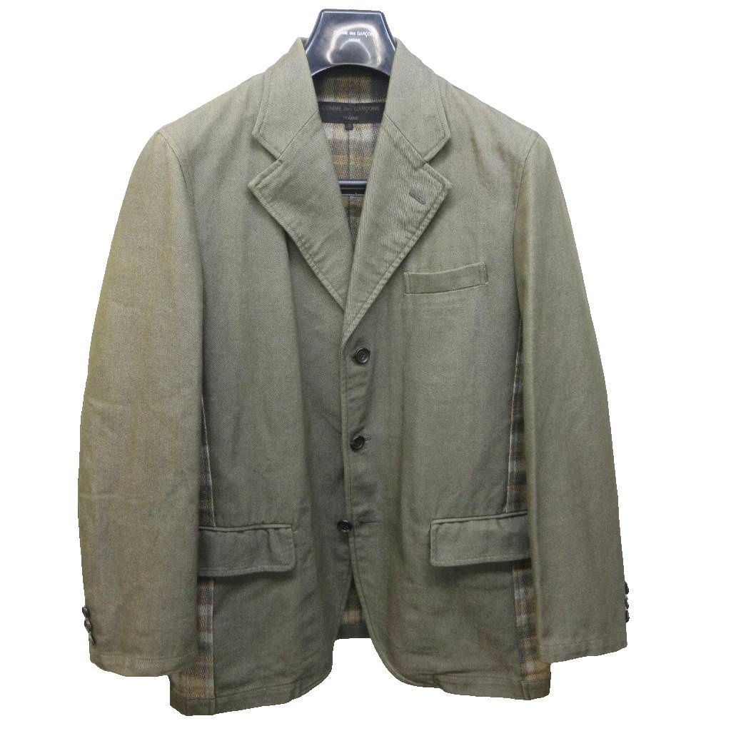 コムデギャルソンオム COMME des GARCONS HOMME AD 2002 02 SS テーラードジャケット ブレザー コットン 切替 チェック プリント HF-J 004 M カーキ グリーン 系 MNK 1203