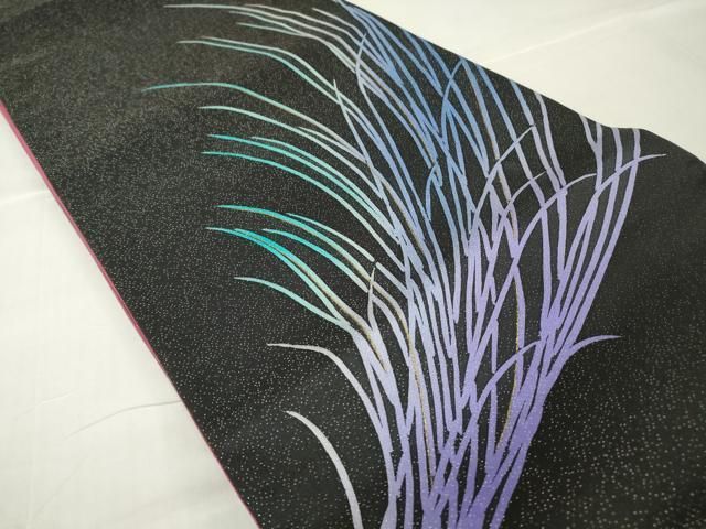 平和屋着物 両面 太鼓柄袋帯 草葉文 黒地 金通し地 上代110万円 反端付き 正絹 az