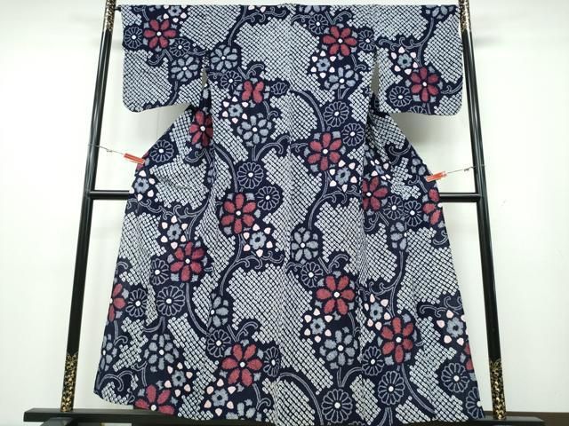 平和屋着物∴夏物 浴衣 有松鳴海絞り 菊唐草文 綿 ng