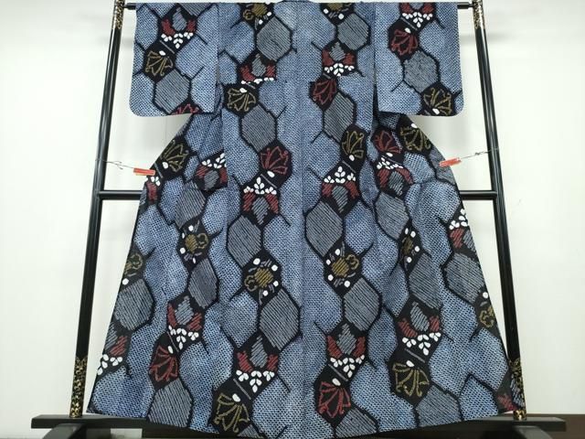 平和屋着物∴夏物 浴衣 有松鳴海絞り 亀甲桐花舞蝶文 綿 ng