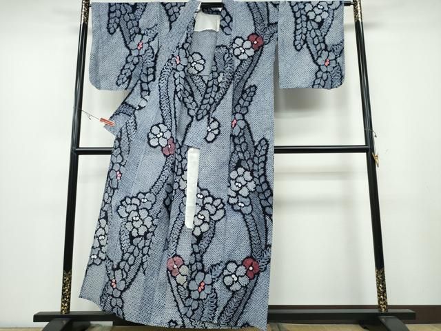 平和屋着物∴夏物 浴衣 有松鳴海絞り 舞葉牡丹文 綿 ng