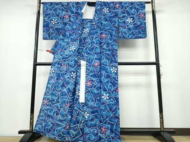 平和屋着物∴夏物 浴衣 有松鳴海絞り 色紙花唐草文 綿 ng