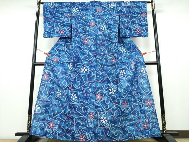 平和屋着物∴夏物 浴衣 有松鳴海絞り 色紙花唐草文 綿 ng