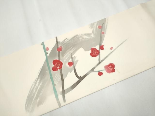 平和屋着物○塩瀬 九寸名古屋帯 手描き 枝梅文 金彩 正絹 逸品