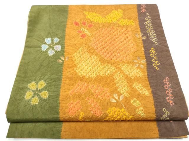 平和屋着物●六通柄　京袋帯　紬地　絞り　草花文　正絹　逸品　CABB0504hy 平和屋着物○六通柄 京袋帯 紬地 絞り 草花文 正絹 逸品