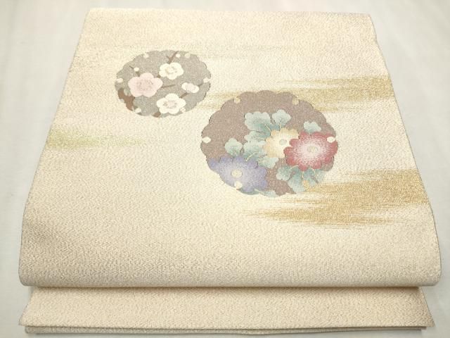 平和屋着物 爪掻き本綴れ 八寸名古屋帯 雪輪草花文 金糸 正絹 hy