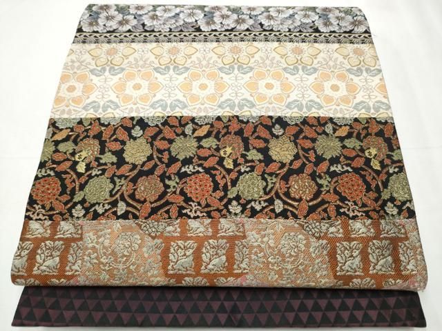 平和屋着物 両面 六通柄袋帯 切嵌 横段吉祥花文 金銀糸 正絹 hy