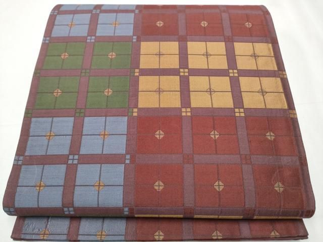 平和屋着物 本場筑前博多織 草木染 手織工房 染匠 小森久 全通柄袋帯 格子柄 証紙付き 正絹 hy