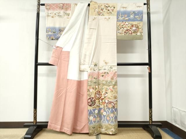 平和屋着物 訪問着 横段松皮菱草花丸文 暈し染め 金彩 正絹 yc