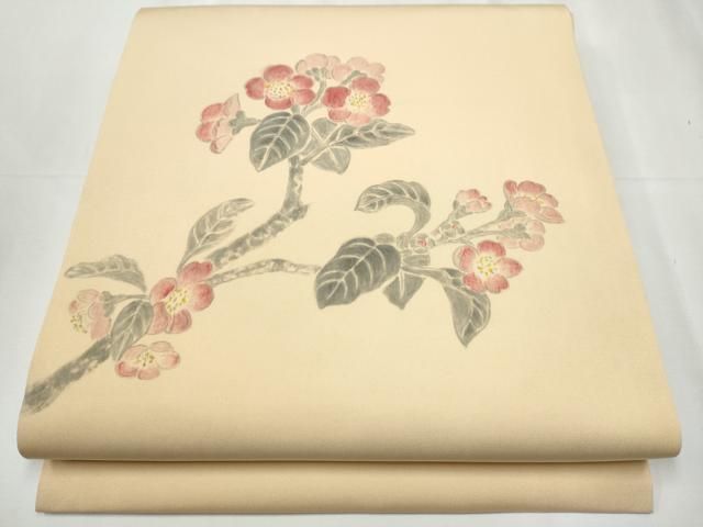 平和屋着物 塩瀬 九寸開き名古屋帯 手描き 枝花文 正絹 hy