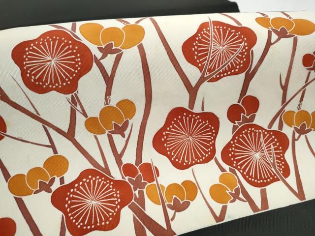 平和屋着物○塩瀬 九寸開き名古屋帯 型染め 枝梅文 黒地 正絹 逸品