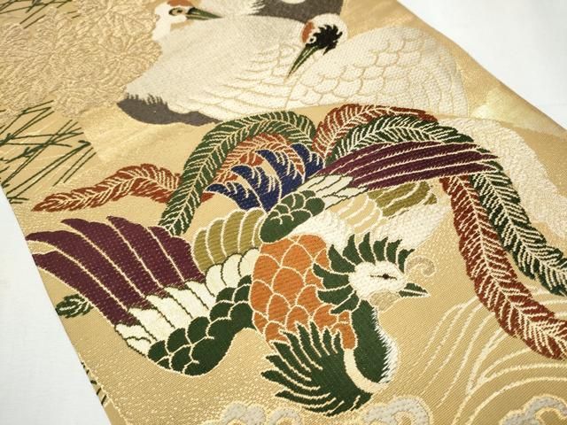 平和屋着物 全通柄袋帯 鳳凰草花鶴文 金糸 正絹 hy