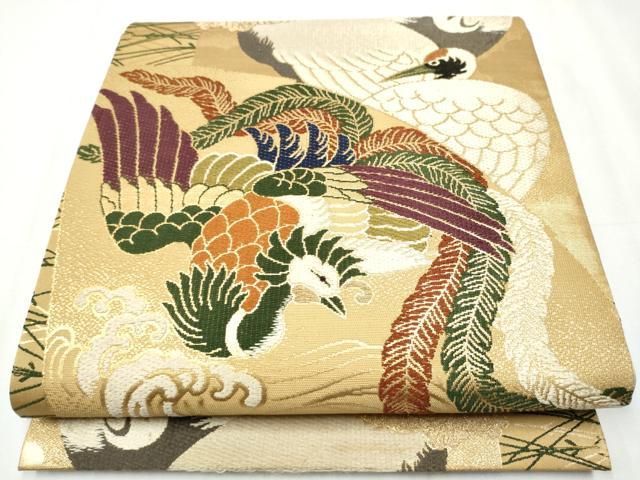 平和屋着物 全通柄袋帯 鳳凰草花鶴文 金糸 正絹 hy