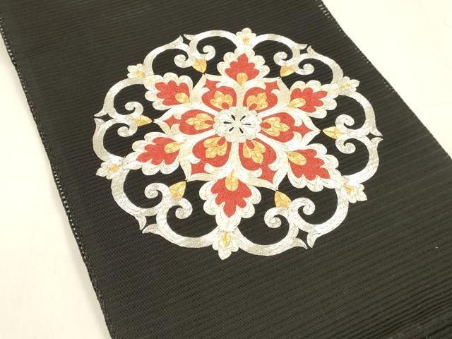 平和屋着物 夏物 西陣 川島織物 絽綴れ 八寸名古屋帯 駒刺繍 総刺繍 正倉院花文 黒地 正絹 cm