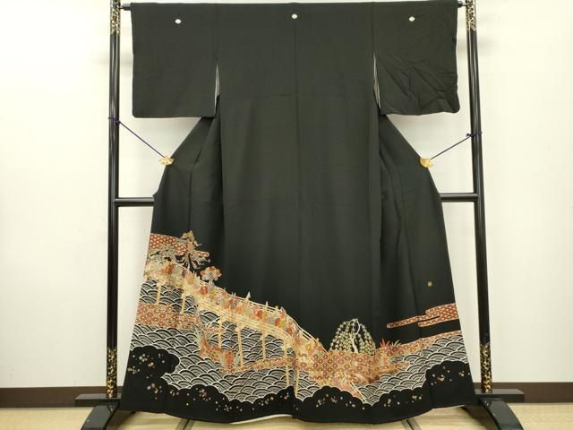 平和屋着物▽中国三大刺繍 蘇州刺繍 総刺繍 黒留袖 渡り橋人物風景文