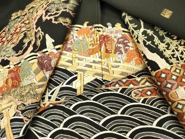 平和屋着物▽中国三大刺繍 蘇州刺繍 総刺繍 黒留袖 渡り橋人物風景文