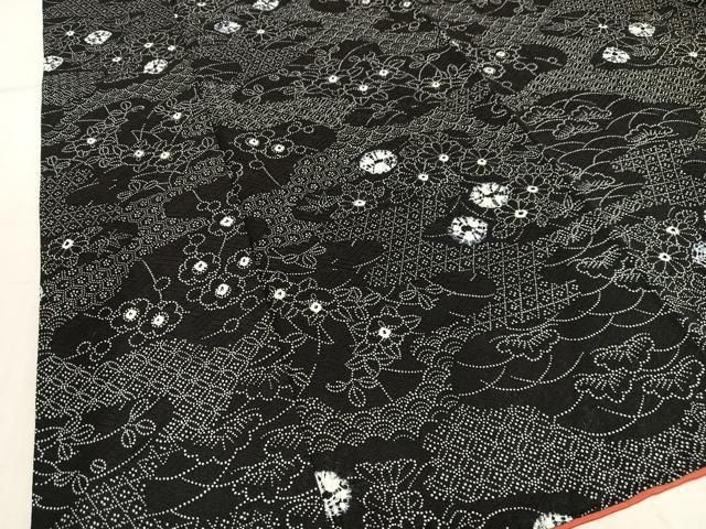 平和屋着物□上質な小紋 絞り 霞取り草花文 松竹梅 黒地 正絹 逸品