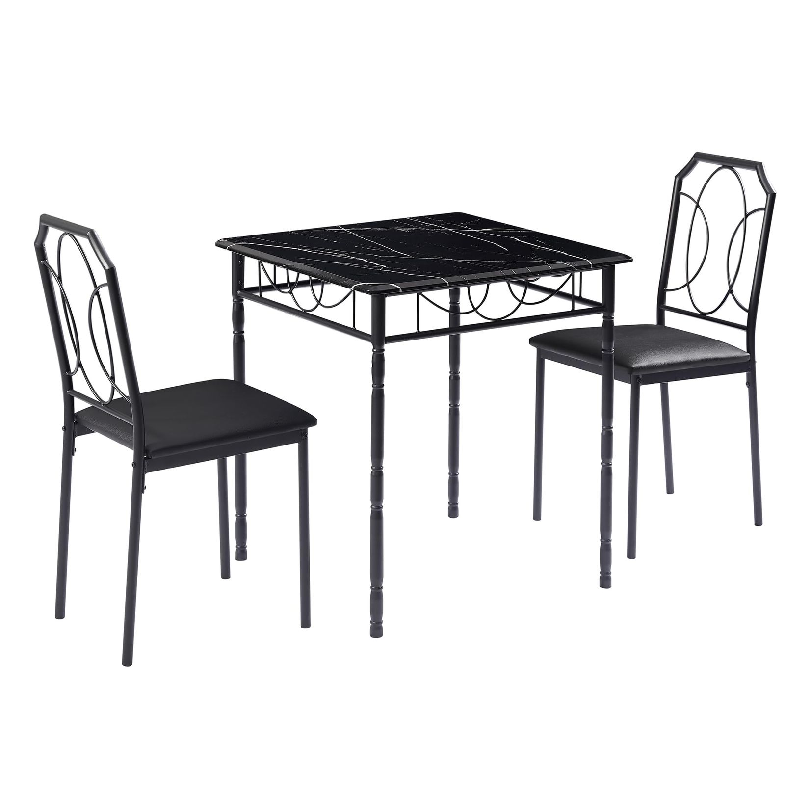 数量 幅70×奥行70×高さ76 cm ブラック 省スペース チェア 2点 食卓 3点セット テーブル 1点 スチール 2人用 大理石調天板 ダイニングテーブルセット 正方形 VECELO