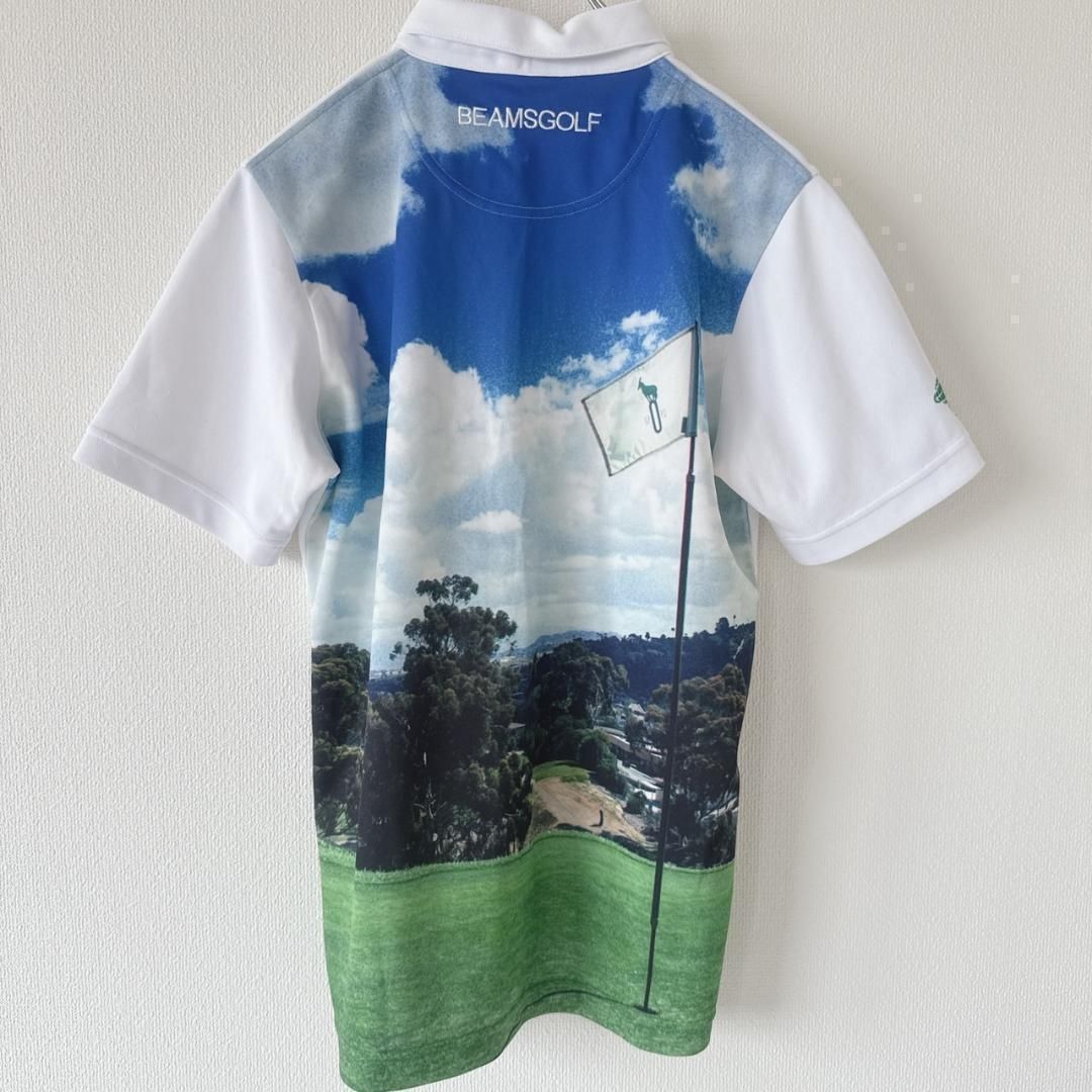BEAMS GOLF フォトプリント 青空ポロシャツ ホワイトグリーンブルー S