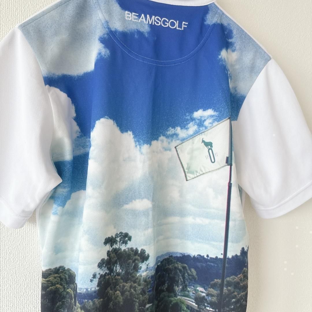 BEAMS GOLF フォトプリント 青空ポロシャツ ホワイトグリーンブルー S
