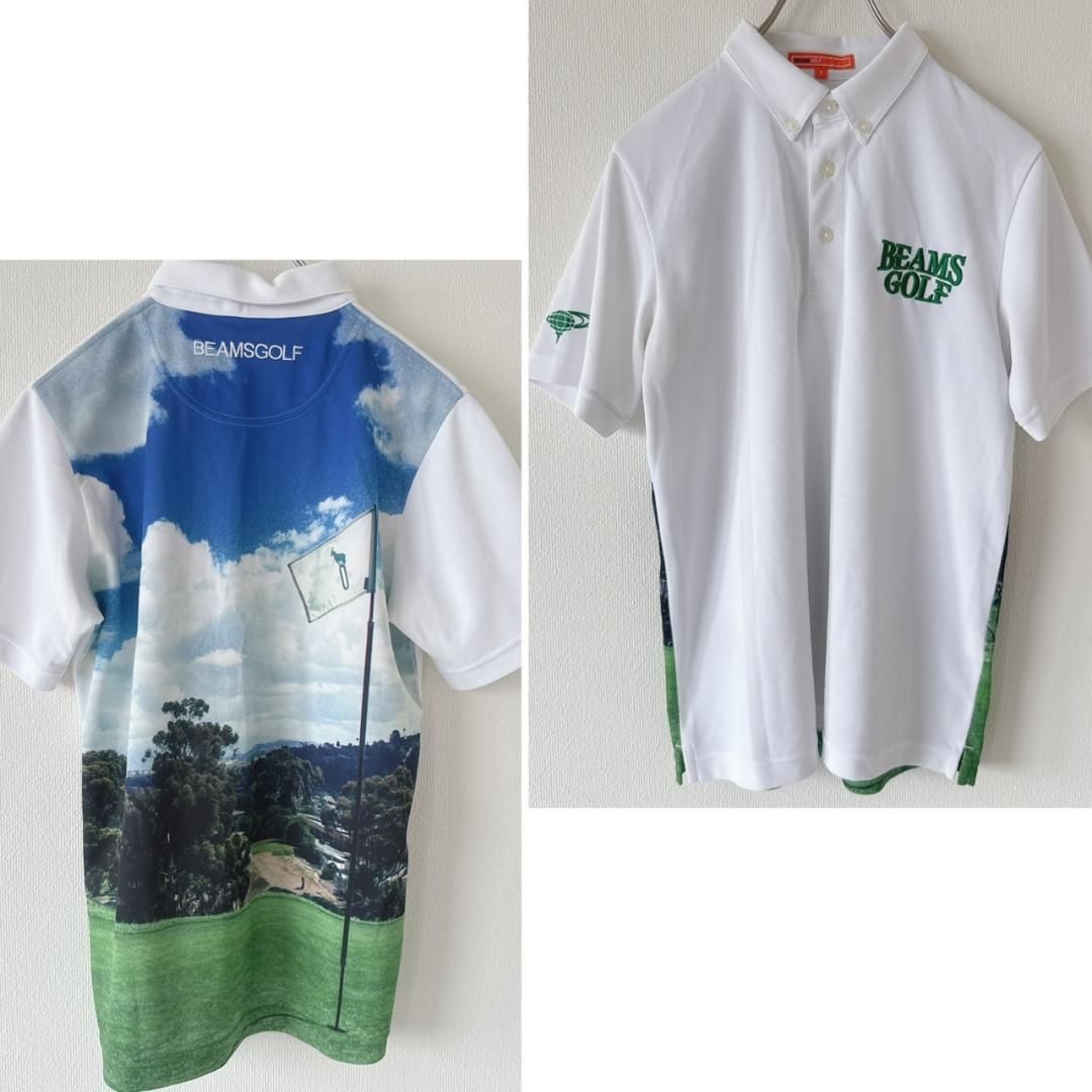 BEAMS GOLF フォトプリント 青空ポロシャツ ホワイトグリーンブルー S
