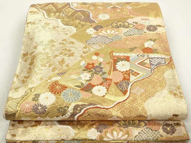 平和屋着物◎佐賀錦 六通柄袋帯 唐織 道長更紗花丸文 金糸 正絹 逸品