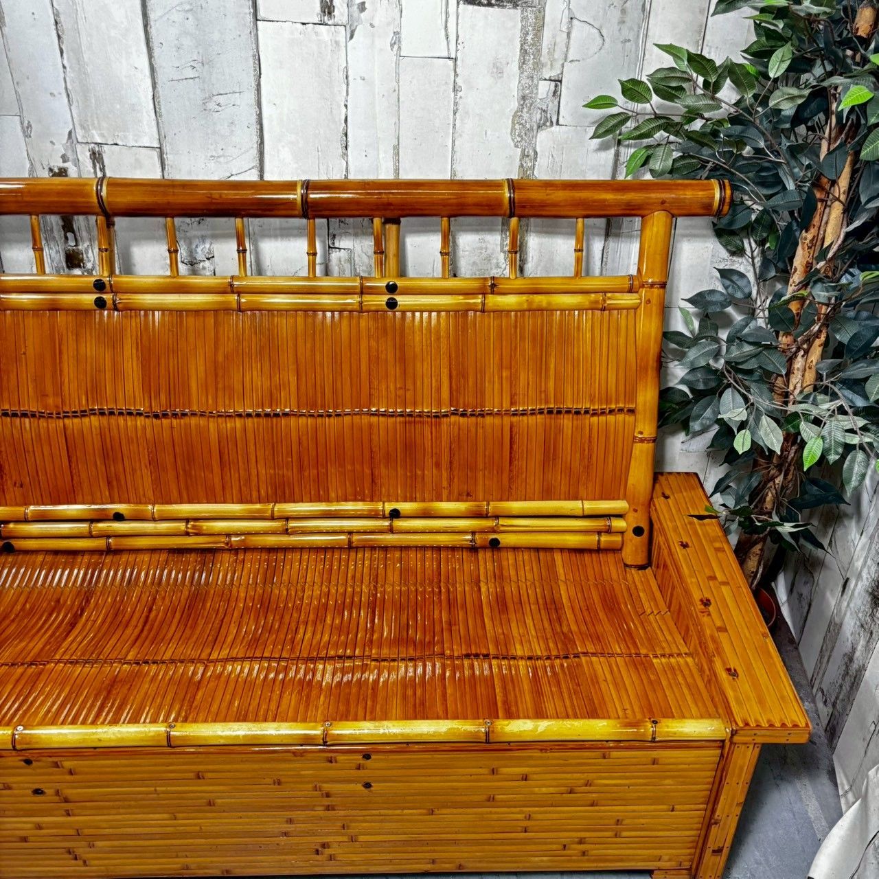 美品】 梅里竹芸 3人掛け ソファ ベンチ 収納付き 国産 健康長椅子 竹