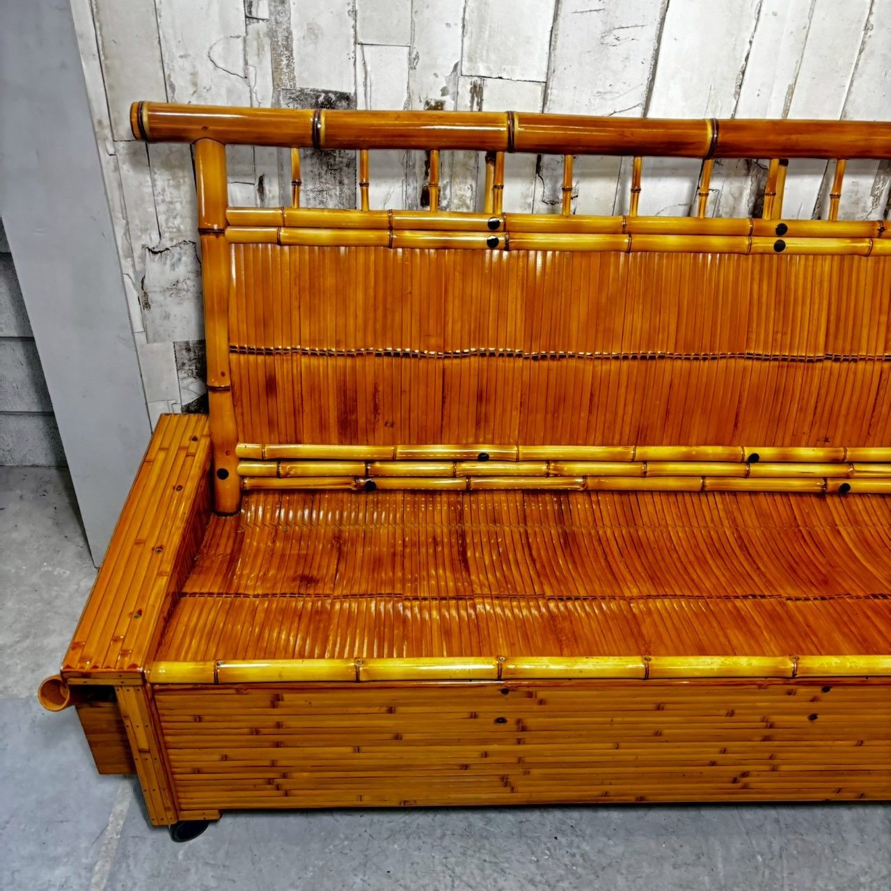 美品】 梅里竹芸 3人掛け ソファ ベンチ 収納付き 国産 健康長椅子 竹