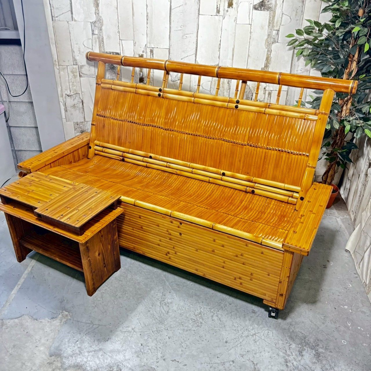 美品】 梅里竹芸 3人掛け ソファ ベンチ 収納付き 国産 健康長椅子 竹