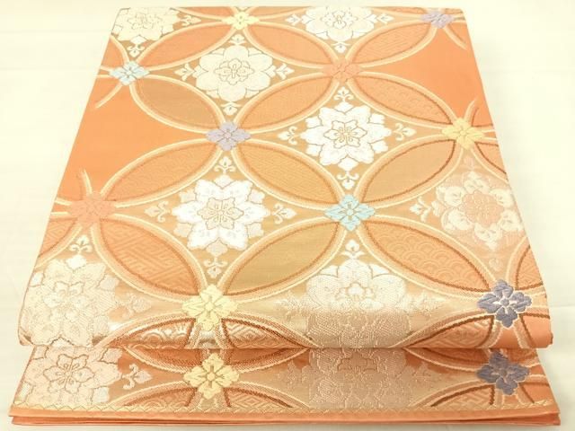 平和屋着物◎六通柄袋帯 唐織 七宝花文 銀糸 正絹 逸品 AABD3698yx