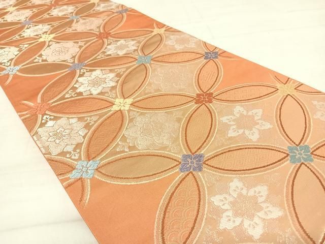 平和屋着物◎六通柄袋帯 唐織 七宝花文 銀糸 正絹 逸品 AABD3698yx