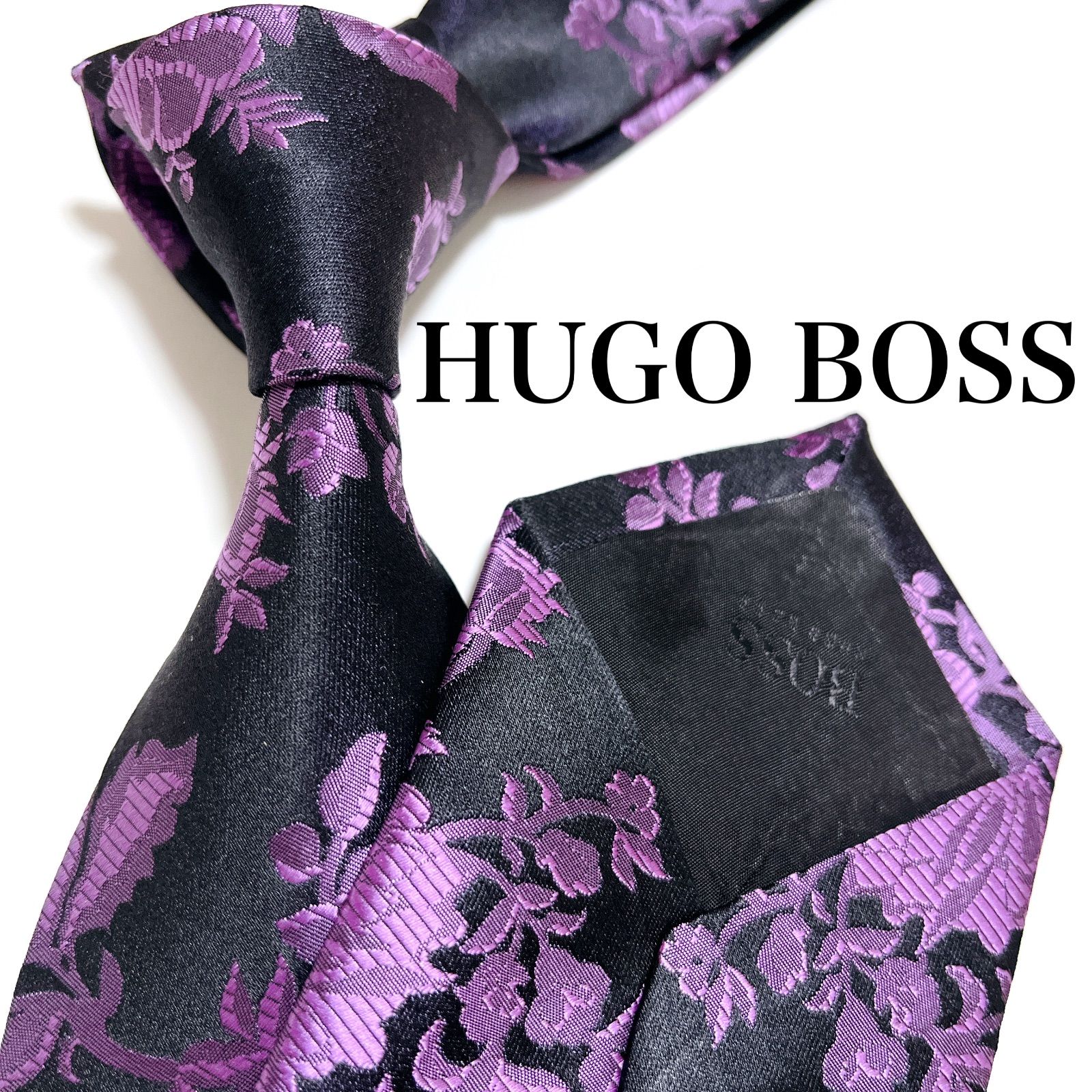 美品 ヒューゴボス ネクタイ ハイブランド 花柄 光沢 ジャガード織り 希少 黒 美品 ヒューゴボス ネクタイ ハイブランド 花柄 光沢 ジャガード織り