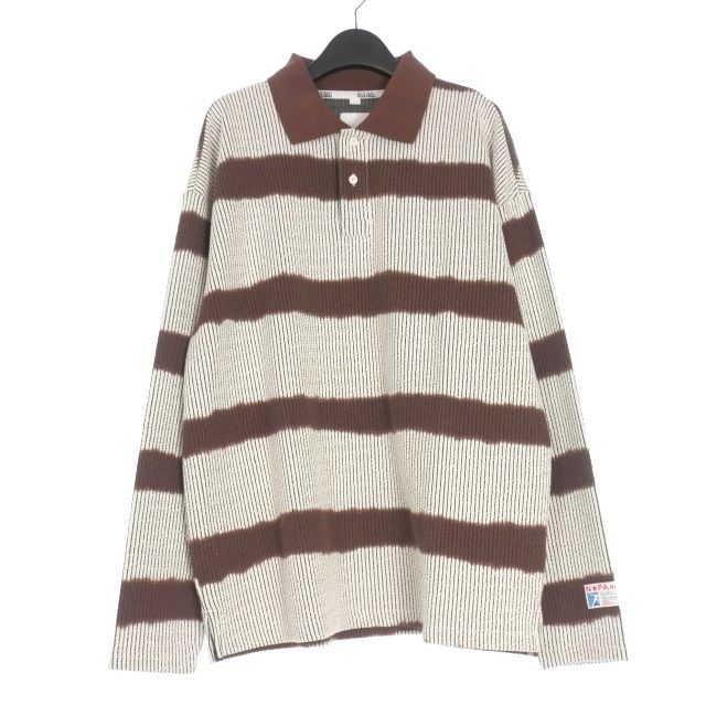 ナパ バイ マーティンローズ NAPA by Martine Rose 25 AW Lion Long Sleeve Polo Shirt ボーダー ポロシャツ ニットカットソー 長袖 L ブラウン ホワイト 正規