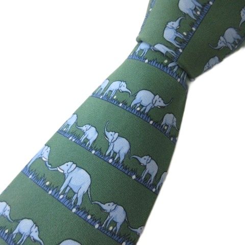 エルメス HERMES 美品 7621TA ネクタイ シルク100 象柄 グリーン 緑