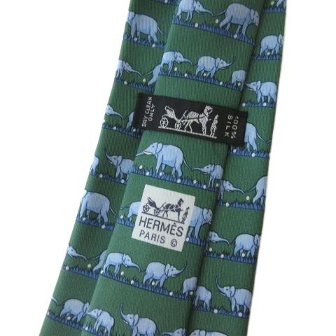 エルメス HERMES 美品 7621TA ネクタイ シルク100 象柄 グリーン 緑